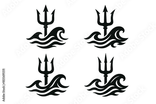 Spear vs. Ocean. Icons for: a triple-pointed spear confronting ocean motion, a three-tined weapon facing shifting tides, a pronged