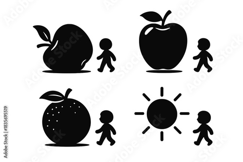 Fruit Guiding Adventure. Icons for: a fallen fruit guiding a soft-bodied scout, a ripe apple steering a little explorer, a orchard