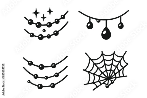 Dew-Kissed Silk Web. Icons for: dew shimmering across fine filaments, morning beads clinging to thin strands, clear drops pooling
