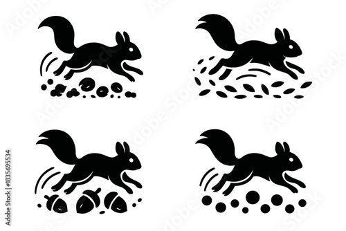 Dynamic Squirrel Icons. Icons for: a squirrel’s leap stirring tiny nuts, a swift jump shifting scattered seeds, a agile bound