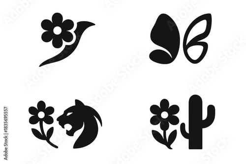 Floral and Faunal Icons. Icons for: a flower’s flare near a curved tail, a soft petal beside a segmented form, a delicate bloom