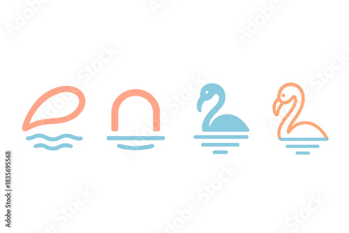 Flamingo Reflection Icons. Icons for: a rosy curve echoing lake softness, a bright arc mirroring watery calm, a flamingo’s shape