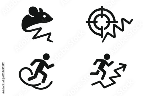Zigzag Escape Icons. Icons for: prey motion tracing a zigzag line, a fast target cutting frantic paths, a small figure weaving