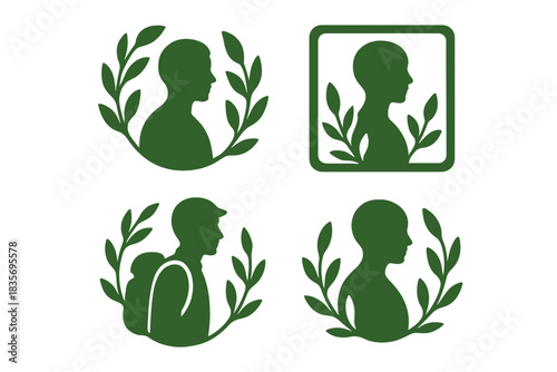 Leafy Silhouette Calm. Icons for: leafy calm framing a peaceful silhouette, green stillness bordering a pale shape, soft sprigs