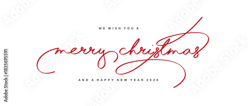 Merry Christmas red light handwritten lettering calligraphy isolated on white background. Merry Christmas text script calligraphy greeting card