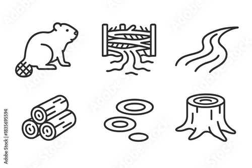 Beaver Dam Icons. Line vector icons of Beaver Dam Wood: beaver silhouette, wooden dam, flowing river, forest logs, water ripples,