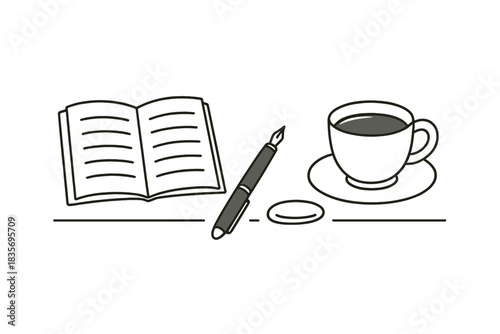 Minimal Desk Setup. Minimal desk setup featuring open notebook, ink pen, and cup of tea, first in line style with thin outline,