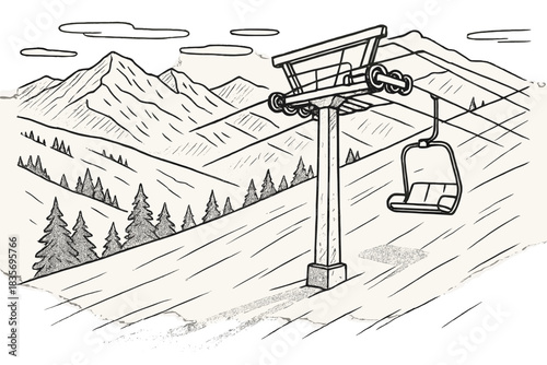 Winter Slopes Shadows. Winter mountain scene with abandoned ski lift casting long shadows on slopes, first in line style with thin