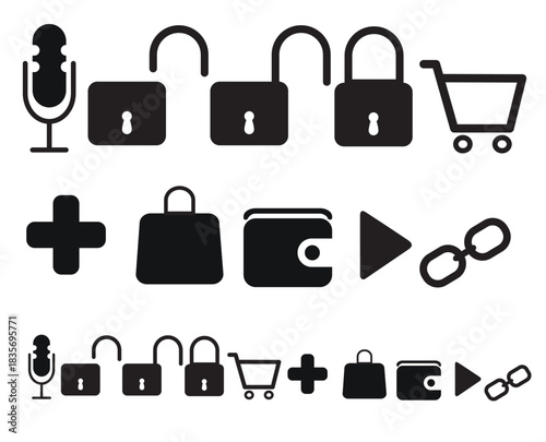 Mick, Lock, Wallet, Shopping, bag, Link, Medical and Play Icons Designs