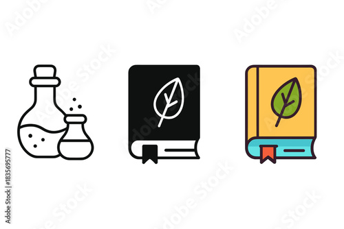 Magical Potion Elements. Potion Herb Spellbook first in line style with thin outline, second in solid style filled shape, third in