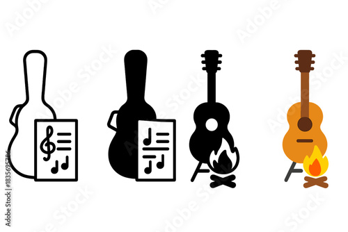 Guitar Essentials Display. A guitar case, a sheet of music, a campfire guitar stand, first in line style with thin outline, second