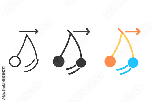 Dynamic Pendulum Motion. Swinging pendulum, energy arrows, motion lines, first in line style with thin outline, second in solid
