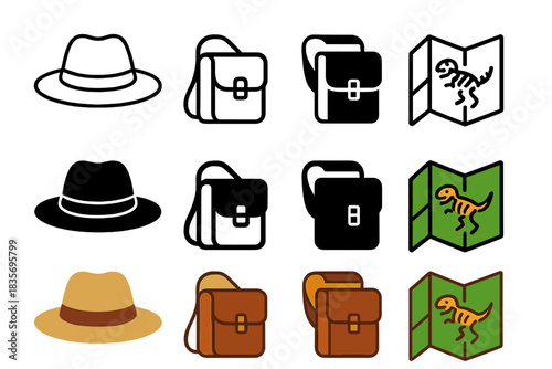Paleontologist Gear Trio. Paleontologist hat, satchel, field map, first in line style with thin outline, second in solid style