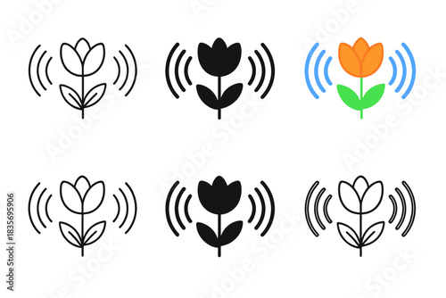 Sonic Bloom Waves. Blooming flower reacting to sonic pulses with radiating waves, simple minimalist vector illustration, first in