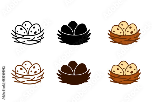 Quail Eggs Icons. Small nest with quail eggs nestled inside, minimal vector icon, first in line style with thin outline, second in