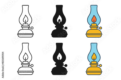 Stylized Oil Lamp Designs. Oil lamp with curved glass chimney and glowing wick, simple minimalist vector illustration, first in