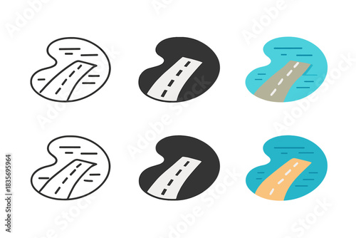 Sunken Road Art Styles. Aerial view of sunken road partially visible under lake water, simple minimalist vector illustration,