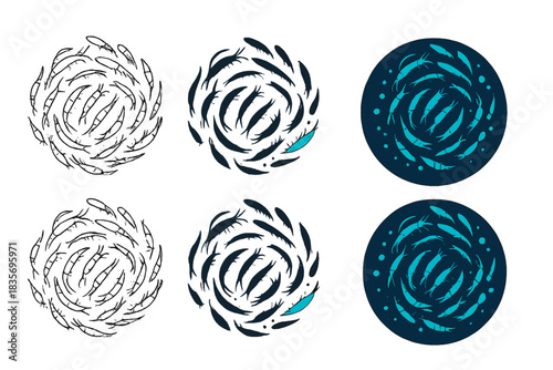 Luminous Zooplankton Blooms. Swirling zooplankton forming luminous bloom in water, abstract minimal vector illustration, first in