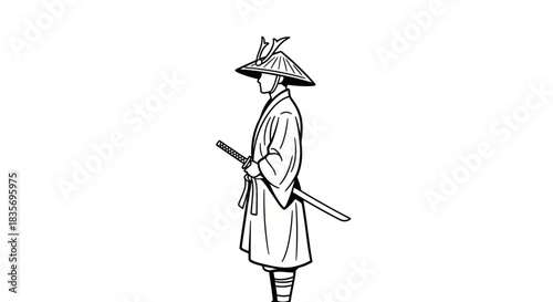 Samurai Warrior in Traditional Attire with Katana Sword.
