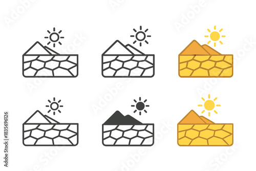 Salt Flat Styles. Flat expanse of salt flats with cracked ground in desert environment, minimal vector icon, first in line style