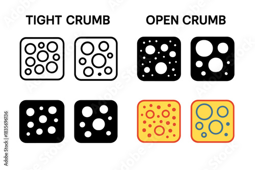 Crumb Structure Comparison. Simplified diagram comparing tight and open crumb structures, geometric abstraction of fermentation