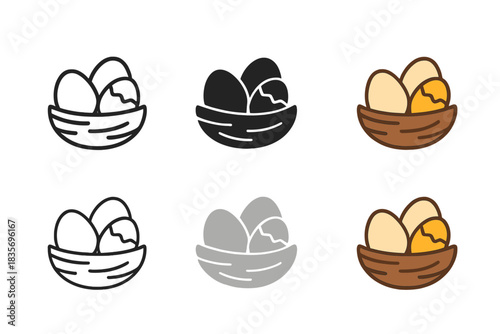 Egg in Various Styles. Quail nest icon with one egg slightly cracked to reveal soft yolk, symbolic of natural nourishment, first