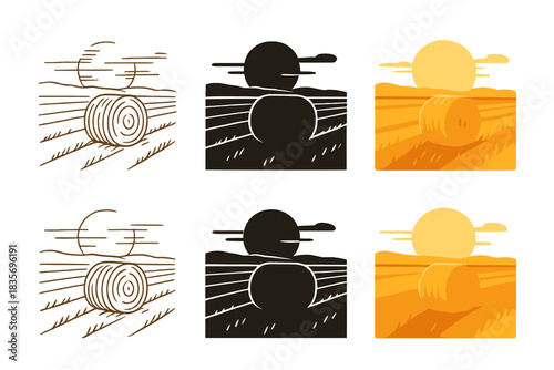 Hay Bale Harmony. Round hay bale resting in golden field beneath low evening sun, soft horizon lines and calm rural symmetry,