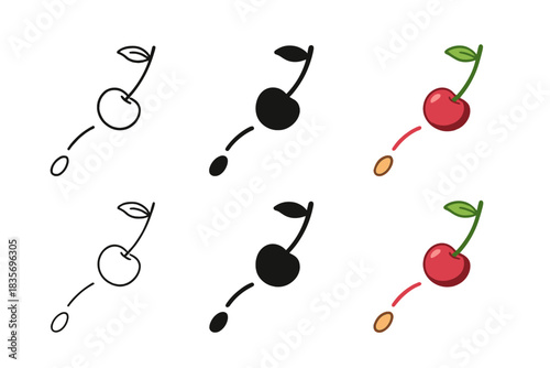 Cherries in Motion. Single cherry with pit midair in dynamic motion arc, minimalist depiction of playful precision and timing,