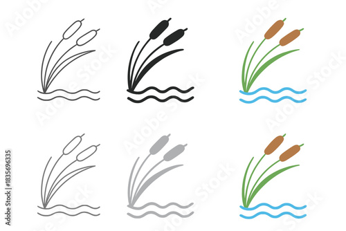 Cattails in Motion. Wind bending cattails slightly over rippled water, minimalist depiction of motion and calm coexistence, first