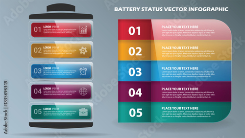 Battery Status Vector Infographic: Modern Power Cell Design Template for Energy Level, Goal Achievement, Capacity, and Data Charging Presentation with 5 Steps.