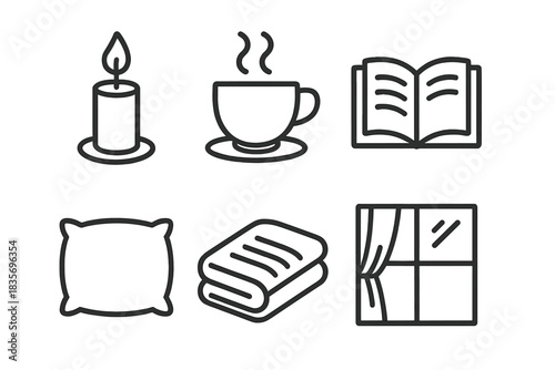 Serene Line Art. Line style icons of Quiet Moments: candle flame, steaming tea cup, open book, soft pillow, warm blanket, window