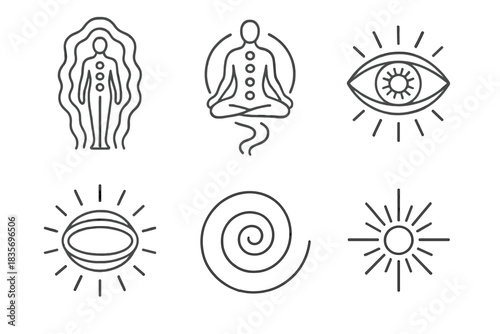 Line Style Energy Icons. Line style icons of Digital Spirit — aura lines, chakras, light rings, cosmic eyes: energy field, chakra