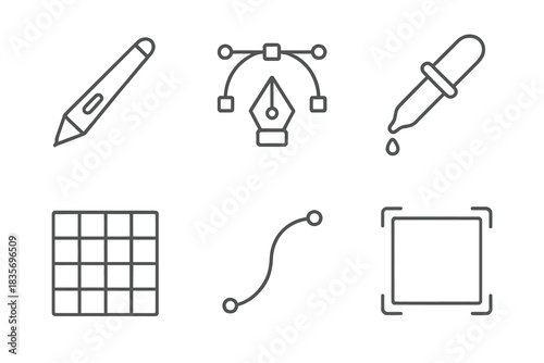 Digital Creation Icons. Line style icons of Digital Creation: stylus pen, vector node, pixel grid, color drop, motion curve, layer