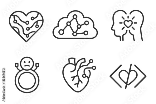 Emotional Code Icons. Line style icons of Emotional Code: neural pattern heart, algorithmic thought cloud, glowing empathy link,