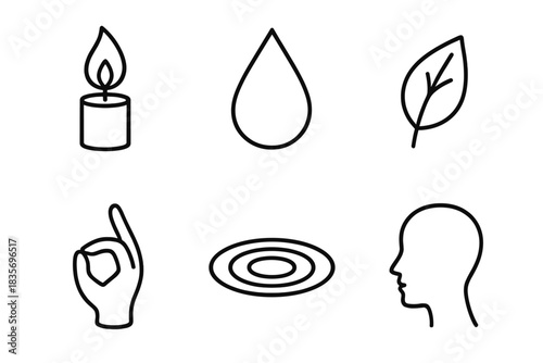 Stillness Icon Set. Line style icons of Still Awareness: candle flame, droplet, calm leaf, hand mudra, slow ripple, silent shadow.