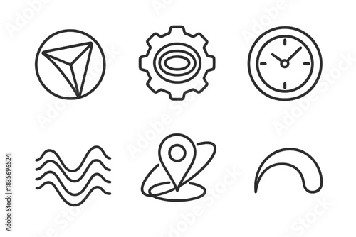Neon Line Icons. Line style icons of Neon Continuum: flowing prism circle, transparent flux gear, holographic echo clock, shifting