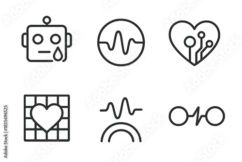 Synthetic Emotion Icons. Line style icons of Synthetic Emotion: robotic tear, human signal curve, empathy pulse arc, data-heart