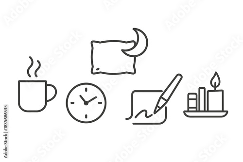 Tranquil Living Icons. Line style icons of Tranquil Living: steam rising from mug, slow clock tick, pillow and moon, journaling