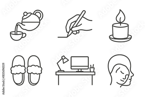 Daily Comfort Icons. Line style icons of Daily Calm: pouring tea, writing hand, candle flame, fluffy slippers, tidy desk, resting