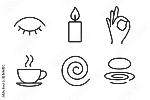 Quiet Focus Icons. Line style icons of Quiet Focus: closed eye symbol, single candle glow, hand in mudra, resting cup of tea,