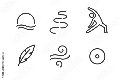 Mindful Motion Icons. Line style icons of Mindful Motion: flowing breath arc, walking step path, gentle stretch pose, drifting