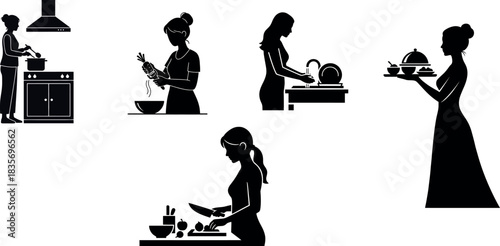 Domestic Life Silhouette Set: Household Chores, Cooking, Dishwashing, Serving & Home Work Illustrations.