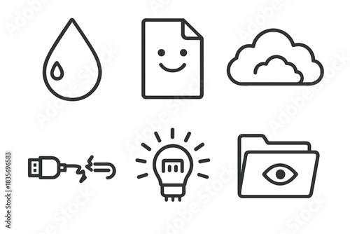 Emotional Storage Icons. Line style icons of Emotional Storage: tear-shaped drive, smiling file, soft cloud, broken cable, glowing