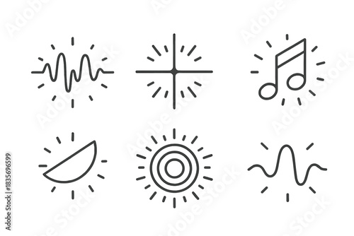 Radiant Sound Icons. Line style icons of Radiant Sound: glowing waveform, mirrored beam, luminous note, curved light bar, bright