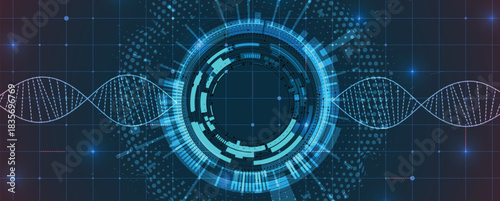 Molecule futuristic technology and science background, DNA strands, connected neural web