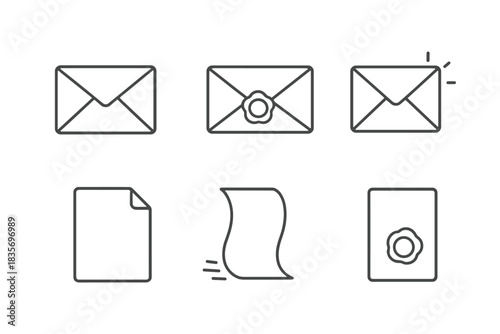 Silent Mail Icons. Line style icons of Silent Mail: unopened card, dim wax seal, glowing corner, folded page, drifting paper, pale