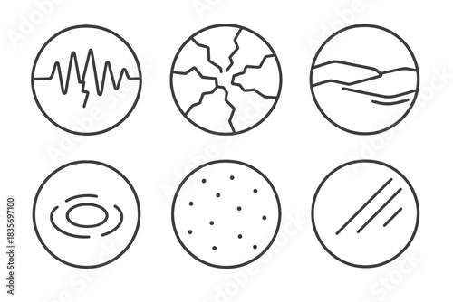 Frozen Echo Icons. Line style vector icons of Frozen Echo: broken sound waves, circular cracks, drifting ice lines, faint ripples,