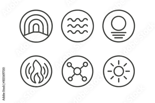 Deep Resonance Icons. Line style vector icons of Deep Resonance: sound tunnels, vibration lines, circular shadows, hidden heat,