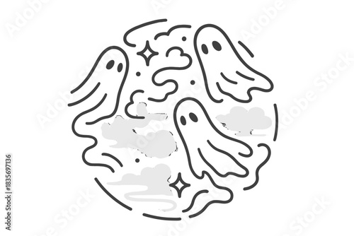 Restless Shadows Icons. Line style vector icons of Restless Shadows: curved figures, glowing dust, soft fog, floating trails,