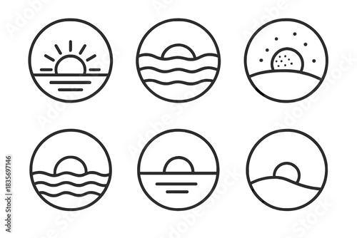 Buried Sunsets Icons. Line style vector icons of Buried Sunsets: sinking suns, layered horizons, glowing dust, curved waves,